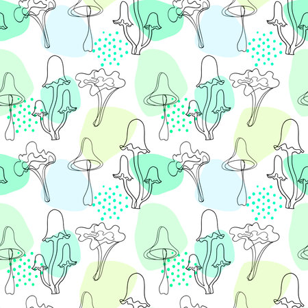 Abstract mushrooms seamless pattern. Hand drawn style. Line art. The Continuous Line Contour. Magic illustration on colorful blobsの写真素材