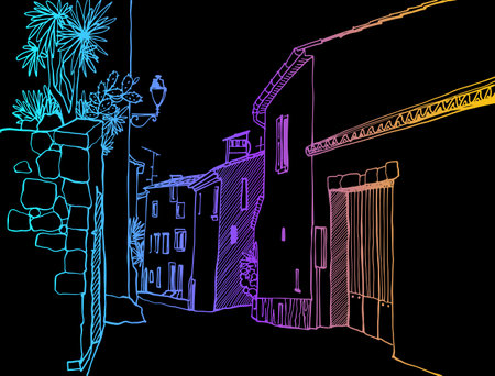 Nice Old Street of night Provence, France. Nice European city. Urban landscape in hand drawn sketch style. Line art. Wall decor. Colorful Vector illustration on blackのイラスト素材