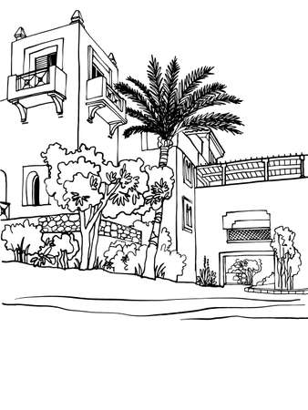 Beautiful Egypt landscape with palm trees. Hand drawn line ink sketch. Seaside holiday. Illustration on white.のイラスト素材