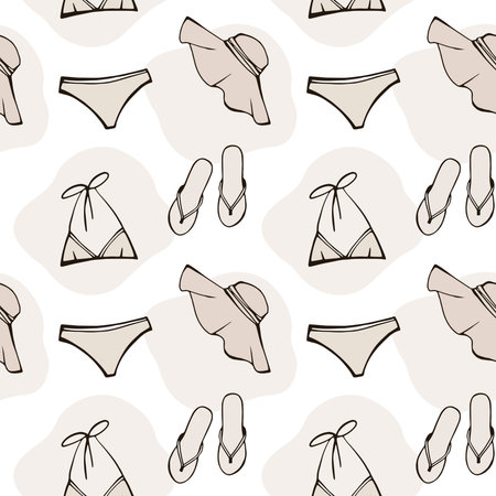 Summer beach seamless pattern. Ladies summer swimsuit, woman slippers and sun hat as design elements. Most popular clothing on vacation. Hand drawn sketch. Line. Colorful background on white.の写真素材