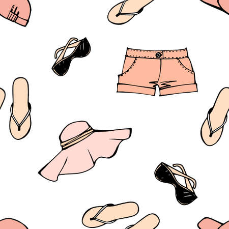 Summer beach seamless pattern. Ladies summer swimsuit, woman slippers and sun hat as design elements. Most popular clothing on vacation. Hand drawn sketch. Line. Colorful vector background on white.のイラスト素材