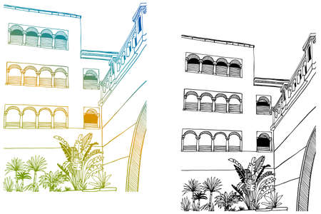 Two Beautiful Egypt landscapes with palm trees. Hand drawn line ink sketch. Seaside holiday....