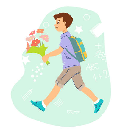 Schoolboy boy runs to school. He is holding a bouquet of red flowers. The boy is happy to go to school. Hand drawn flat style. Cartoon. Colorful vector illustration.のイラスト素材