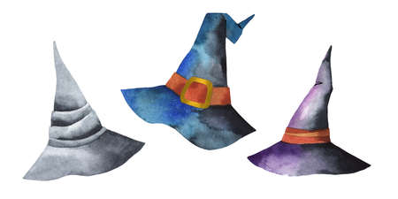 Halloween Hats watercolor on white background. Hats in hand drawn style watercolor. Grunge design for Halloween. Magic hat isolated.の写真素材