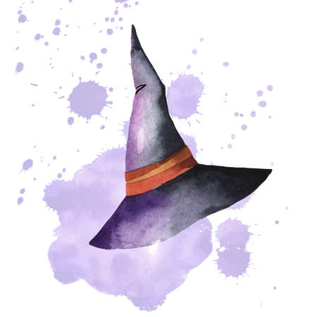 Magic Halloween hat as design element. Hand drawn style watercolor. Magic accessories for Halloween. Grunge background on blobs watercolor.の写真素材