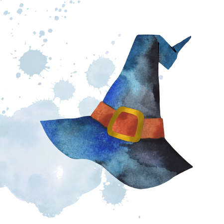 Magic Halloween hat as design element. Hand drawn style watercolor. Magic accessories for Halloween. Grunge background on blobs watercolor.の写真素材