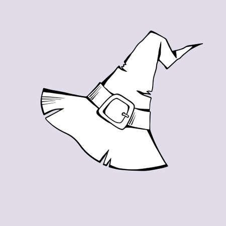 Magic Halloween hat as design element. Hand drawn sketch style. Magic accessories for Halloween. Line art. Vector illustration isolated on colorful background.のイラスト素材