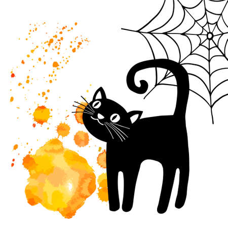 Cute Black Cat on spider web background. Vector halloween illustration.のイラスト素材