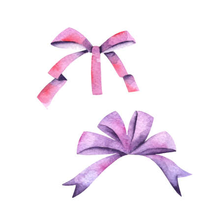 Bows and Ribbons Watercolor as design elements for gift box. Hand drawn style. Set with bows isolated on white background. Christmas elements.の写真素材