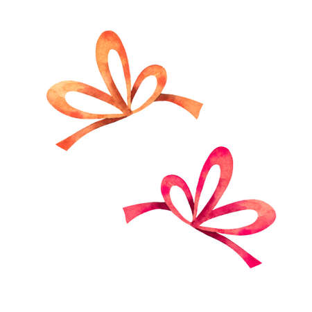 Bows and Ribbons Watercolor as design elements for gift box. Hand drawn style. Set with bows isolated on white background. Christmas elements.の写真素材