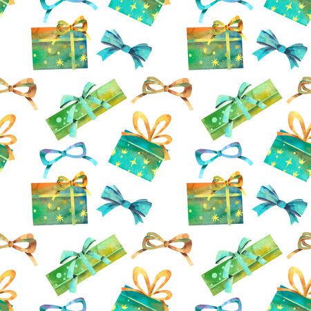Holiday seamless pattern. Colorful Christmas background with gift boxes and bows watercolor. Hand drawn style watercolor. Cute illustration for paper, textile, fabric and wrapping decoration.の写真素材