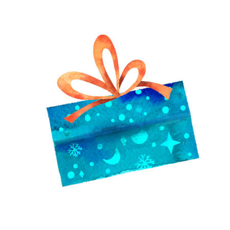 Cute Christmas gift box with bow as design element. Hand drawn style watercolor. Holiday gifts. Colorful watercolor illustration isolated on white background.の写真素材