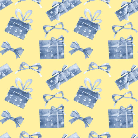 Holiday seamless pattern. Colorful Christmas background with gift boxes and bows watercolor. Hand drawn style watercolor. Cute illustration for paper, textile, fabric and wrapping decoration.の写真素材