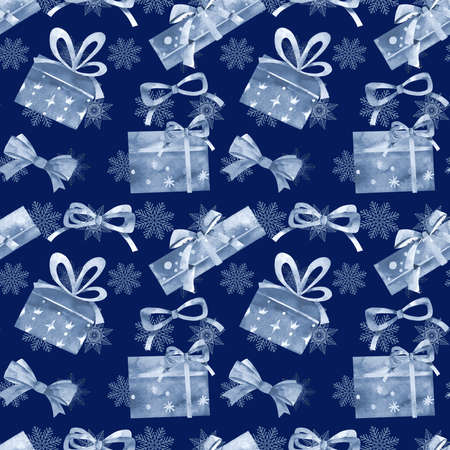 Holiday seamless pattern. Colorful Christmas background with gift boxes and bows watercolor. Hand drawn style watercolor. Cute illustration for paper, textile, fabric and wrapping decoration.の写真素材