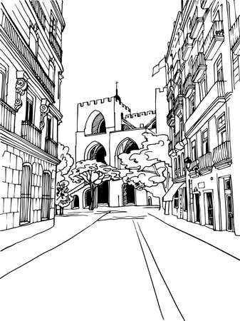 Nice view of old street. Valencia, Catalonia, Spain. Urban landscape. Urban sketch. Hand drawn ink style. Line art. Vector background on white.のイラスト素材