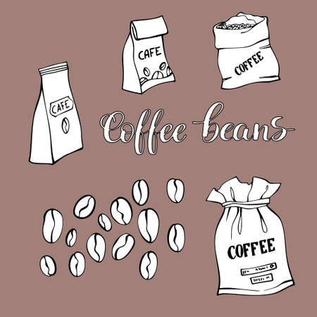 Coffee set with lettering. Paper and canvas bags with coffee beans. hand drawn line art sketch. Colorful vector illustration on brown background.のイラスト素材