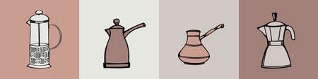 Coffee Set with traditional coffee pots. hand drawn sketch style. colorful vector illustration. isolated on white. Vintage collection in coffee colorsのイラスト素材