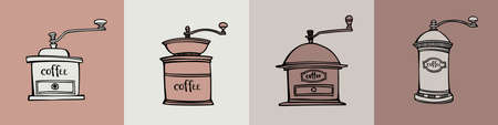 Vintage coffee mills set. hand drawn line sketch. coffee grinder. Colorful vector illustration on sepia.のイラスト素材