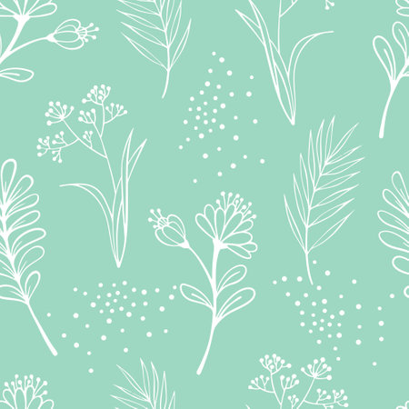 Floral seamless pattern with spring leaves. hand drawn sketch style. Black and white vector illustration on colorful abstract background.のイラスト素材
