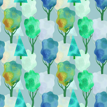 Nature seamless pattern with colorful trees watercolor. hand drawn digital illustration. Abstract Easter Spring background.の写真素材