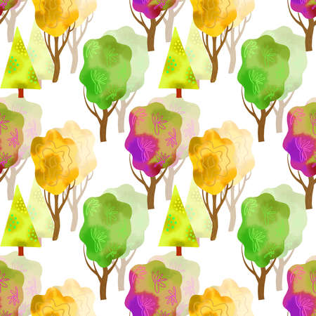 Nature seamless pattern with colorful trees watercolor. hand drawn digital illustration. Abstract Easter Spring background.の写真素材