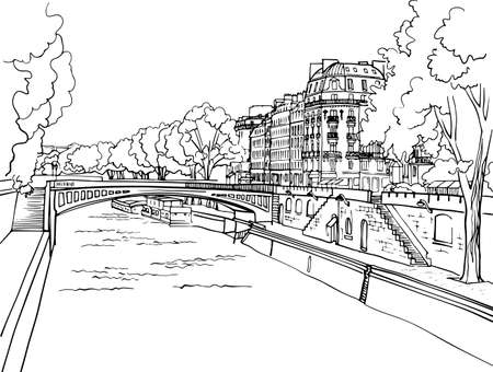 Romantic view of old Paris bridge and river Seine. Paris, France. hand drawn sketch. line art. Ink drawing. Black and white vector background on white. For illustration and romantic Postcards.のイラスト素材