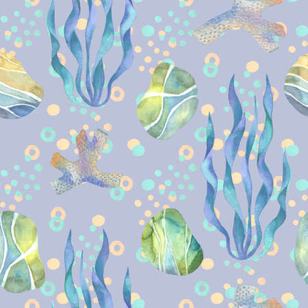 Sea pebbles and seaweeds seamless pattern watercolor. coral watercolor. sea rocks. hand drawn painting. marine underwater background.の写真素材