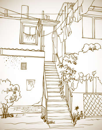 Sepia urban landscape. Old Odessa courtyard. Ukraine. hand drawn sketch. line art. Ink drawing. Vector illustration on white. without people. For illustration and vintage postcards.のイラスト素材