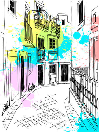 Urban background in hand drawn sketch style. Old street in romantic Alfama, Lisbon, Portugal. Ink line drawing. Vector illustration on blob watercolor backgroundのイラスト素材