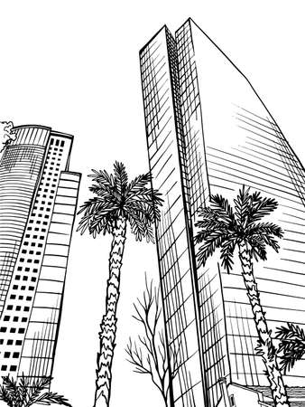 Nice urban landscape. hand drawn sketch. line art. Tel Aviv, Israel. Vector illustration on white background. without people.のイラスト素材