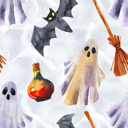Cute Halloween seamless pattern. Hand drawn watercolor elements. Bat, potion bottles, witch broom and Halloween ghosts. colorful background.の写真素材
