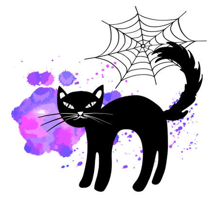 Halloween black cat with spider web. hand drawn sketch style. line art. Ink drawing. Vector illustration on blobs background.のイラスト素材