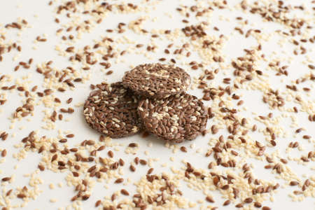 Linen breads with sesame on the tableの写真素材