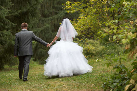 Wedding day. Bride and groom. Lush white dress. Background nature. Stroll.の写真素材