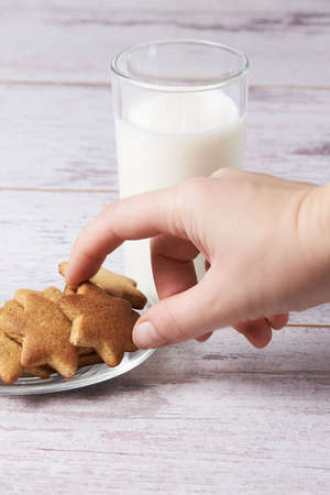 Gingerbread Cookie. Snack. Glass milk.の写真素材