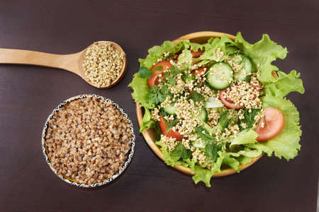 Buckwheat sprouts. Healthy eat. Vegetarian food. Fresh salad.の写真素材
