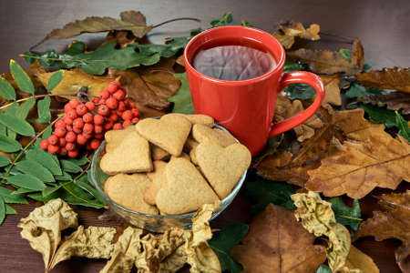 Different leaves. Black tea. Heart cookie. Rowan branch.の写真素材