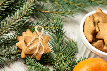 Gingerbread Cookie. NewYear. Delicious tangerine. Fir branch. Small star.