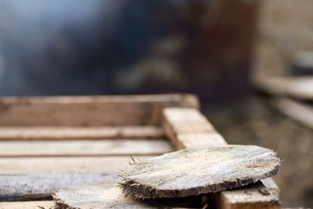 Round log house. Wooden disk. Blurred Background.の写真素材