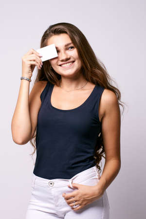 Portrait happy girl. Template business card. White background.