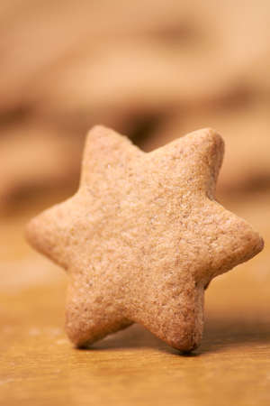 One ginger biscuit. Shape star. Blurred Background.の写真素材