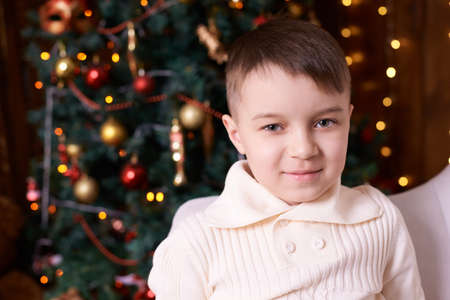 Little boy. Beautiful portrait. Christmas interior.の写真素材