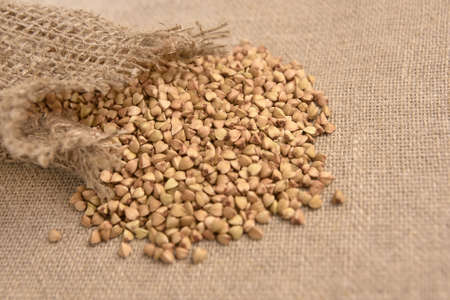Healthy food. Scattered buckwheat grains. Brown background/の写真素材