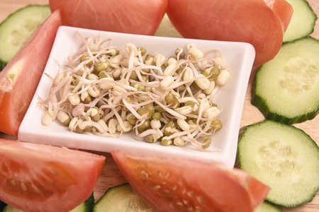 Sprouted beans. Tomato and cucumber. Healthy food. White plate.の写真素材