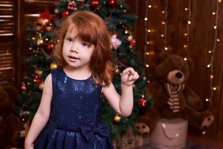 Beautiful little girl. Christmas interior. Blue dress.の写真素材