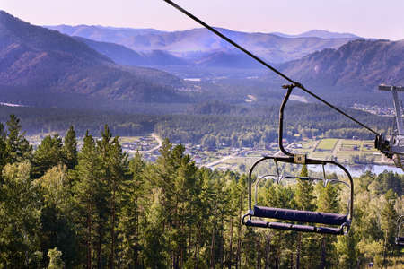 High mountains. Green Forest. Funicular.の写真素材
