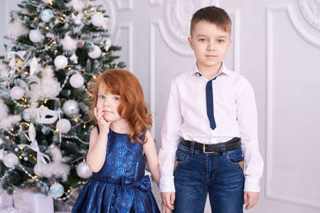 Brother and sister. Family portrait. Christmas interior. Small children.の写真素材