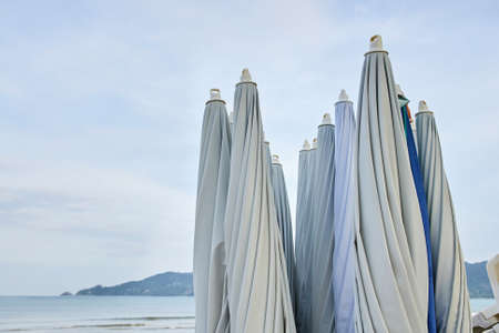 Umbrellas on beach. Morning Seascape.の写真素材
