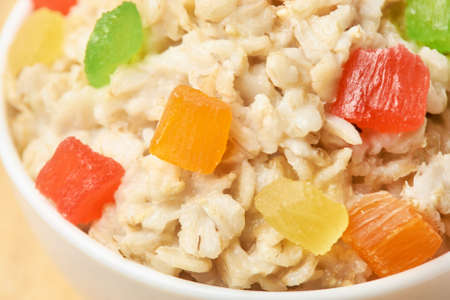 Bright colors. Useful breakfast. Oatmeal with dried fruits.の写真素材