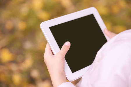 Mockup laptop. Woman using computer for email.の写真素材